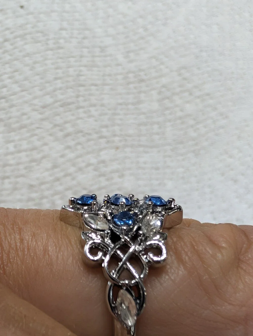 Blue & White Marquee Round Cut  Silver Dinner Ring Size 8